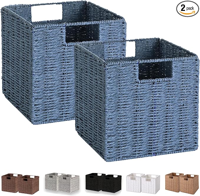 Vagusicc Wicker Storage Basket, Set of 2 Hand-Woven Storage Baskets for Shelves with Handles, Foldable Cube Storage Baskets Bins 11 Inch Large Wicker Baskets for Pantry Decor, Blue(11''x11''x11'') by Vagusicc