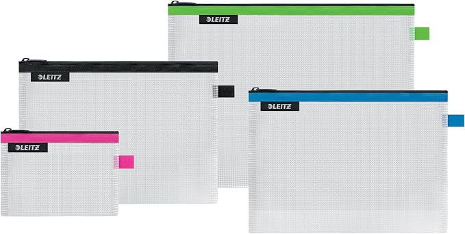 Leitz Set of 4 Leitz Wow Travel Pouches, Water Resistant, Translucent, Ideal for Visible Storage and Organisation, Sizes: Small (A6), Medium (A5), Large (A4) and Cosmetic - Assorted Colours 40160099 by Leitz