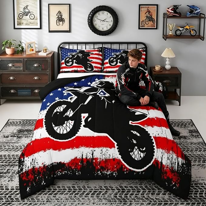 Dirt Bike Comforter Set Full Motocross Comforter Retro American Flag Bedding Set for Kids Boys Teens Men Grunge Room Decor,Extreme Sports Tie Dye Bed Set Motor Biker Motorcycle Quilt Duvet Set 3 Pcs - Image 3