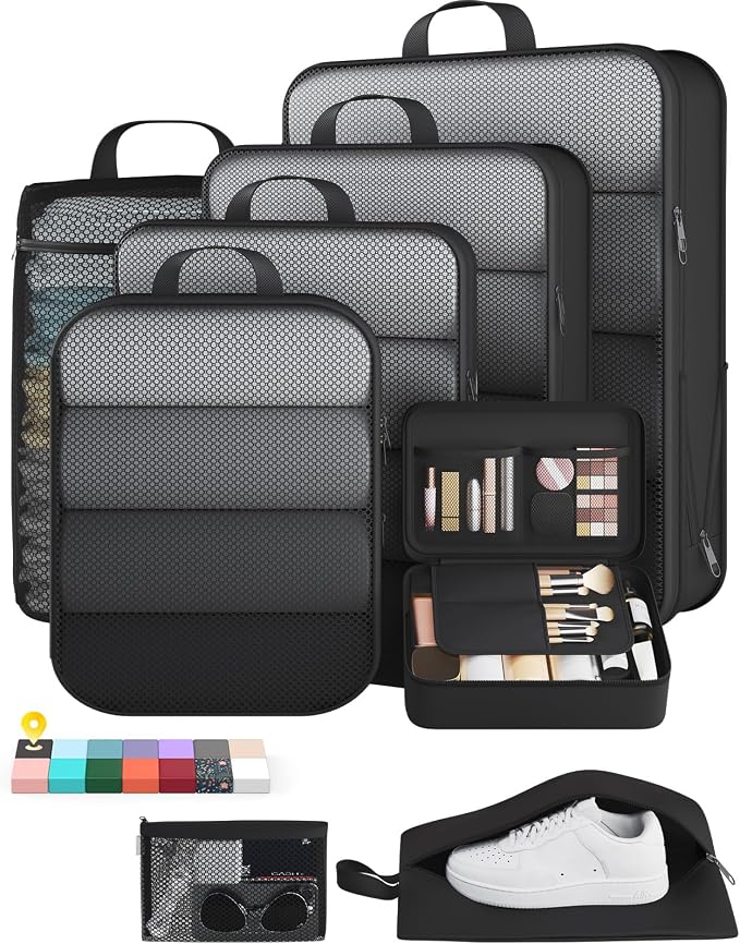Veken 8 Set Compression Packing Cubes Garment Bags for Travel Essentials,Compressible Expandable Luggage Organizer Bags for Clothing,Space Saver Bags with Over 1000 pcs of Mesh Holes(Black) by Veken