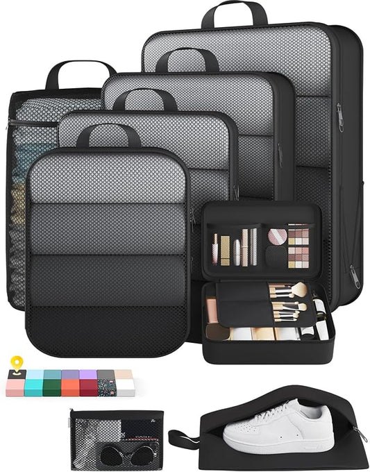 Veken 8 Set Compression Packing Cubes Garment Bags for Travel Essentials,Compressible Expandable Luggage Organizer Bags for Clothing,Space Saver Bags with Over 1000 pcs of Mesh Holes(Black) by Veken