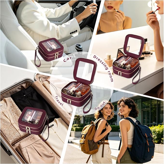 Pinkmik Double Layer Makeup Bag Small Clear Makeup Pouch Mini Travel Cosmetic & Toiletry Bag Purse Organizer and Car Essentials for Women (X/Burgundy, 2-Layer MINI) - Image 6