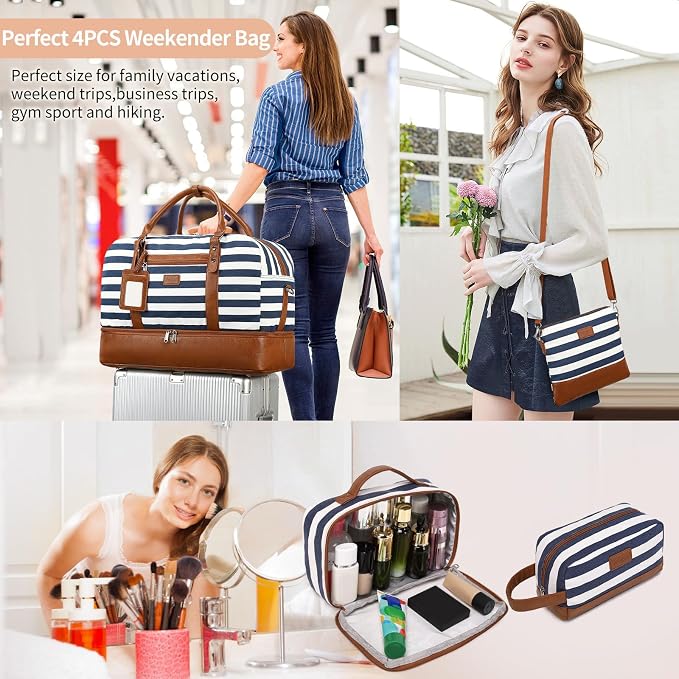Wogarl 4PCS Weekender Bags for Women Large Overnight Weekend Travel Duffel Carry on Shoulder with Shoe Compartment Canvas Toiletry Bag for Travel Business Gym - Image 2