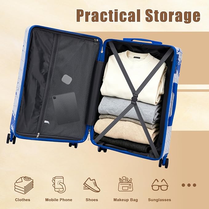 Hardshell Luggage Sets, Lightweight Stripes Suitcases with Spinner Wheels, Blue-PC - Image 7