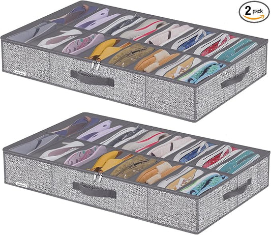 Onlyeasy Sturdy Under Bed Shoe Storage Organizers with Handles & Clear Window (16 to 32 Pairs) 2 Pack, Closet Shoes Containers Boxes for Kids & Adults, 37.7"x23.6"x5.9", Linen-like Grey, MXDUBS16P2 by Onlyeasy