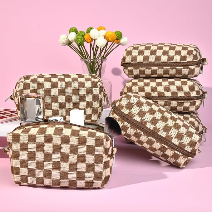 SOIDRAM Checkered Makeup Bag Preppy Cosmetic Bag Bulk Brown Makeup Pouch Personalize Travel Toiletry Bag Organizer Cute DIY Makeup Brushes Storage Bag for Women - Image 5