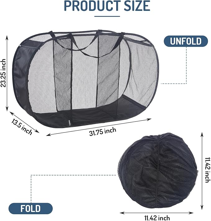 Seiritex Mesh Popup Laundry Hamper 3 Compartment Sortable Horizontal Collapsible Laundry Basket for Clothes Laundry Room Bedroom Toys Travel (Black) - Image 7