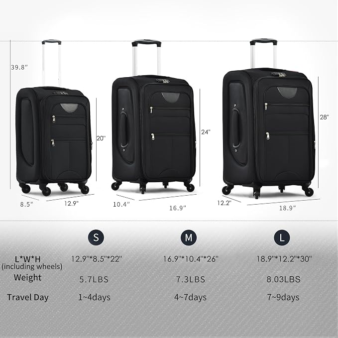 Merax Luggage Set, Softside Suitcase 3 Piece, Expandable Lightweight | Luggage Sets with Duffel Bag 22" 26" 30" Suitcase with Wheels TSA Lock,Black - Image 2
