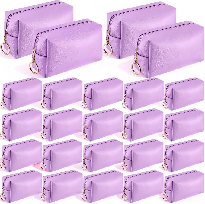 Chunful 24 Pcs Preppy Makeup Bag PU Leather Cosmetic Bag Bulk Makeup Plain Pouch Waterproof Toiletry Purse for Women Traveling Preppy Pencil Case Valentine's Day Gifts(Light Purple) by Chunful