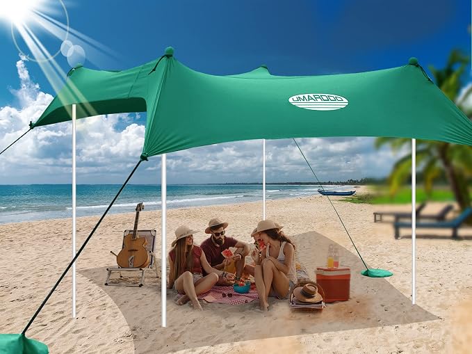 UMARDOO Family Beach Tent Canopy Sun Shade Portable, Large Compact Beach Sun Shelter Easy Setup with Packable Bag for Outdoor Travel (Green, 10X10 FT. 4Poles) by UMARDOO