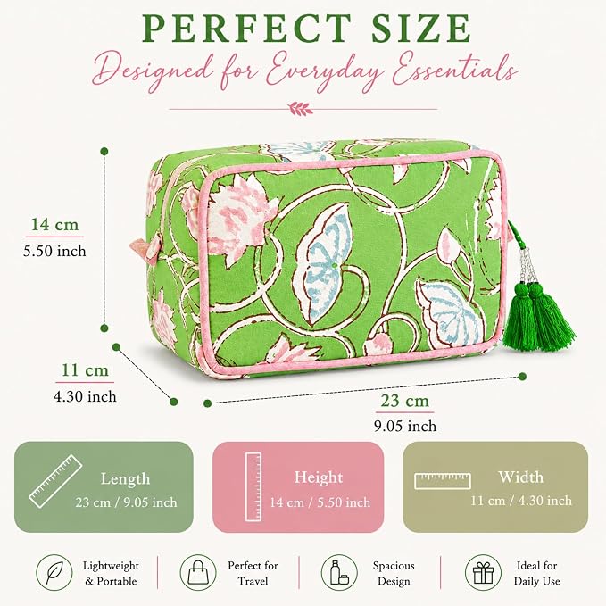 Huar Travel Makeup Bag- Large Capacity Cosmetic Bags for Women - Water Resistance Lining Portable Pouch & Open Toiletry Bag - Perfect Girls Makeup Organizer for Travel Essentials (Lime & Pink Floral) - Image 6