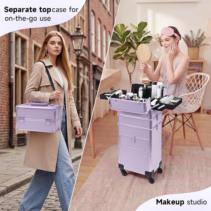 Somduy Rolling Makeup Case with Drawer, Makeup Train Case, 4 in 1Cosmetology Case on Wheels, Christmas Gift, Large Makeup Case Organizers, Profesional Cosmetic Case for Salon Barber, Purple - Image 7
