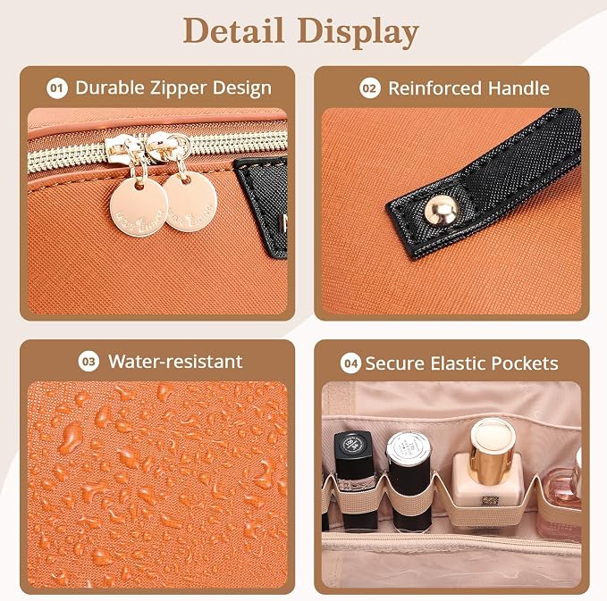 Travel Makeup Bag for Women: 3-in-1 Large Capacity Cosmetics Organizer with 2 Detachable Pouch - Vegan Leather Flat Open Toiletry Bag - Travel Essentials for Full-Sized Bottles(Orange) - Image 4