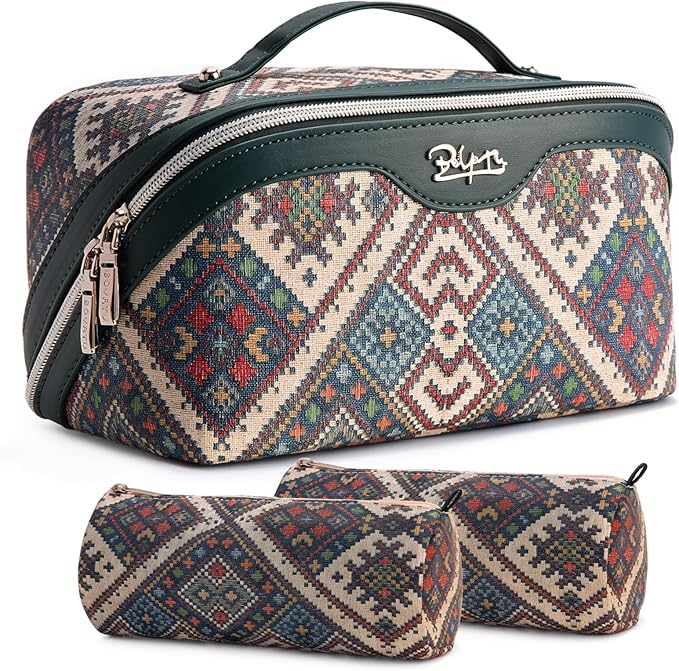 BOYATU Travel Makeup Bag Organizer: Boho Large Capacity Cosmetic Bag Sets | 3Pcs Waterproof Leather Toiletry Bags | 180°Open Flat Make up Case with Compartments | Western Travel Essentials for Women by BOYATU