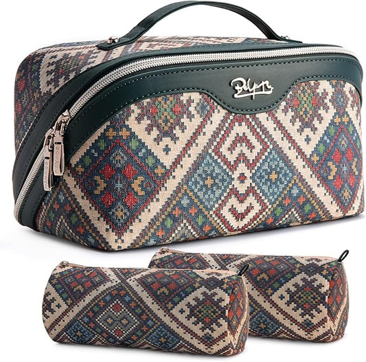 BOYATU Travel Makeup Bag Organizer: Boho Large Capacity Cosmetic Bag Sets | 3Pcs Waterproof Leather Toiletry Bags | 180°Open Flat Make up Case with Compartments | Western Travel Essentials for Women by BOYATU