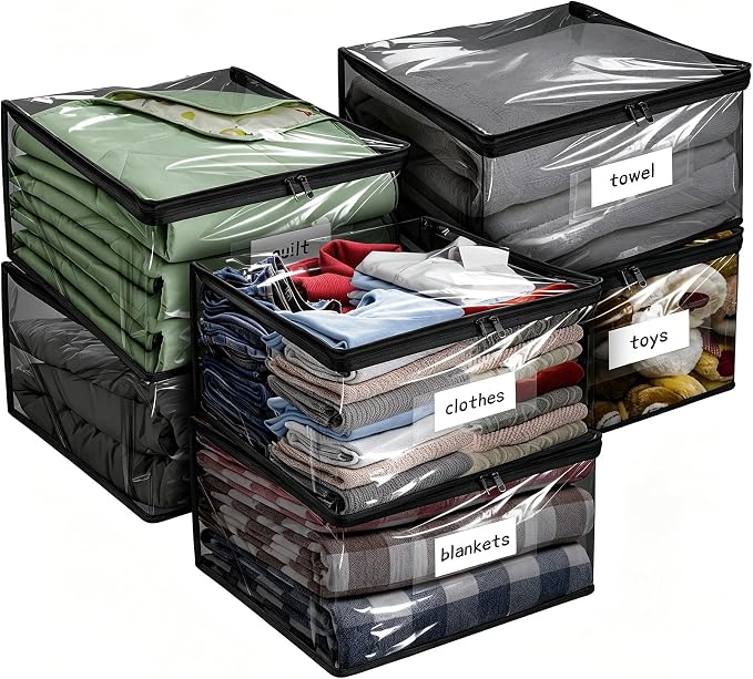 Plastic Storage Bags with Easy-Glide Zipper, Pack of 6, Durable Clear Vinyl Zippered Storage Bags for Clothes Sweaters Comforters Blankets Sheets Bedding (21.6 x 13.7 x 12.4 Inch, Black) by Kikerike