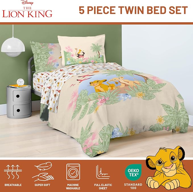 Disney Lion King Simba Twin Comforter Set 5 Piece Kids Bedding, Multi | Safari Animal, Comforter Sheets Sham Pillowcase, Official Brand, Soft Microfiber, Machine Washable, Easy Care, Kids Gift - Image 4