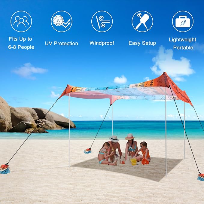 Beach Tent, Beach Canopy Sun Shade UPF 50+, Portable 10×10 FT Camping Sun Shelter with Sandbags, Poles, Ground Pegs and Anti-Wind Ropes for Outdoor, Backyard, Picnics, Sport, Fishing - Image 3