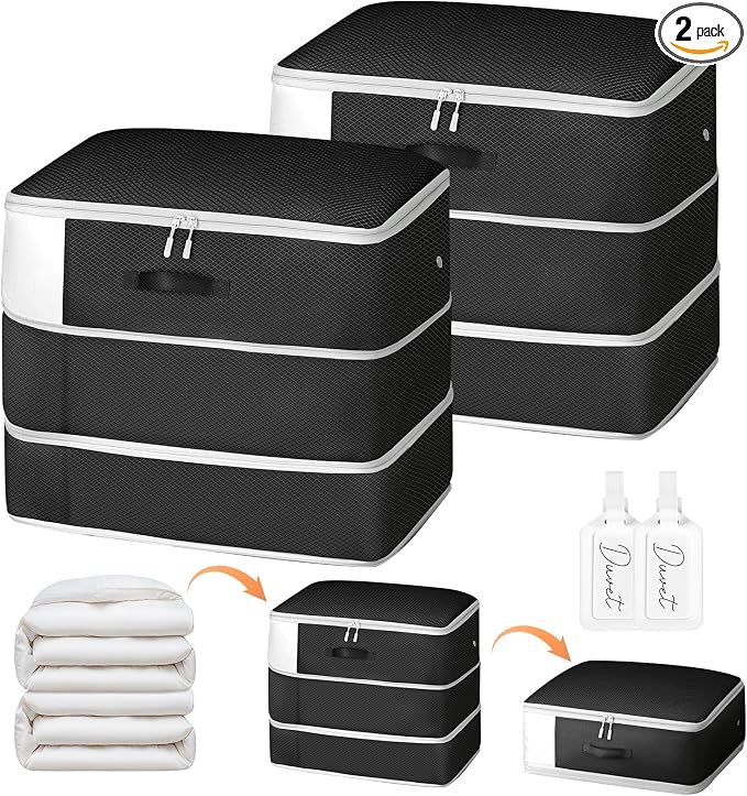 Comforter Storage Bag - Large Capacity Blanket Storage Bags 3-Layer Ultra Space Saving Self Compression Organizer, Washable Compression Bags for Storage Comforter Blanket, 2-Pack, Black by EasortmPackingCubes