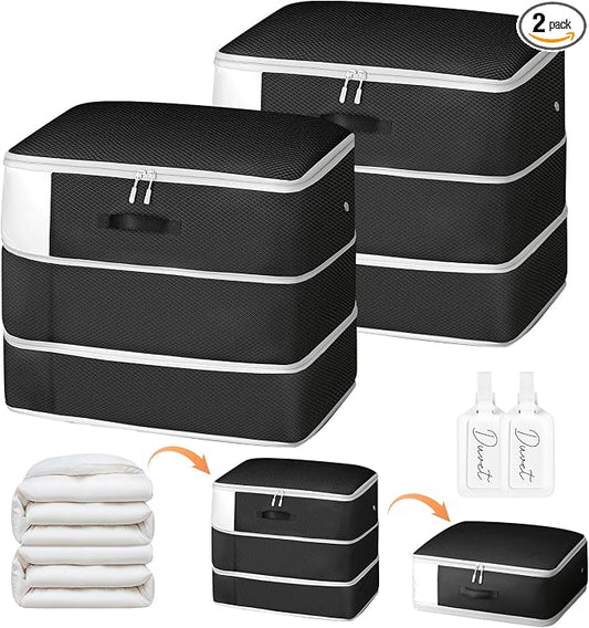Comforter Storage Bag - Large Capacity Blanket Storage Bags 3-Layer Ultra Space Saving Self Compression Organizer, Washable Compression Bags for Storage Comforter Blanket, 2-Pack, Black by EasortmPackingCubes