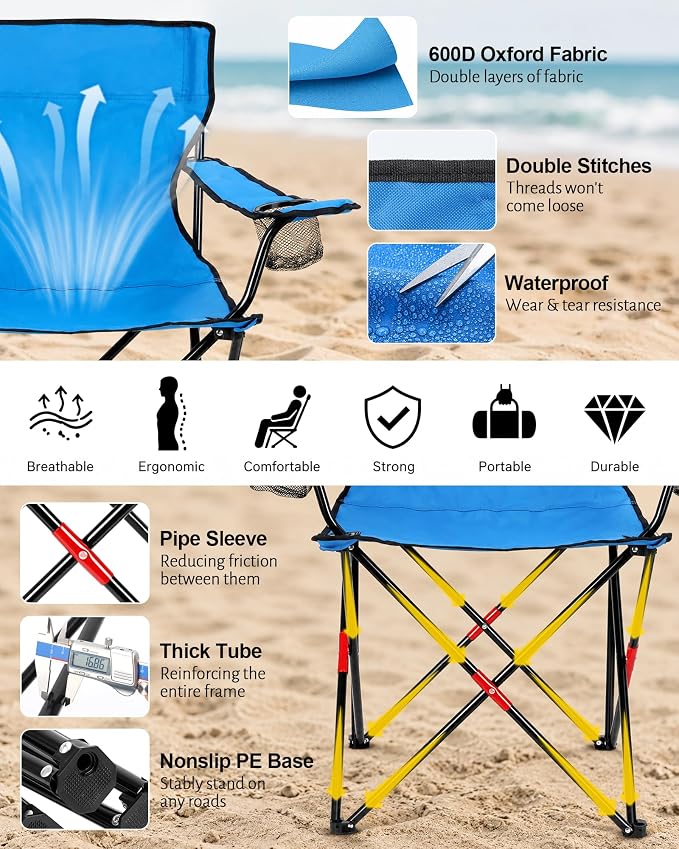 HaSteeL 2PCS Camping Chairs with Detachable Umbrella, Folding Beach Chair for Adults, Large Portable Foldable Chair for Outdoors Fishing Hiking Travel Picnic Lawn, Supports 275lbs, Storage Bags, Blue - Image 4