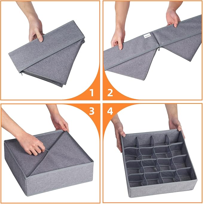 Criusia 3 Pack Sock Underwear Drawer Organizer Dividers, 64 Cell Fabric Foldable Dresser Organizer for Closet Organizers and Storage Boxes for Organizing Socks, Underwear, Ties (16+24+24 Cell, Gray) - Image 7