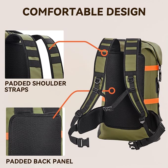 HEETA Dry Bags Waterproof Backpack 40L for Men & Women, Roll Top Heavy Duty Cushioned Hiking Backpack for Kayaking Boating Paddle Boarding Fishing Travel Camping Beach Vacation Cruise Ship Essentials - Image 6