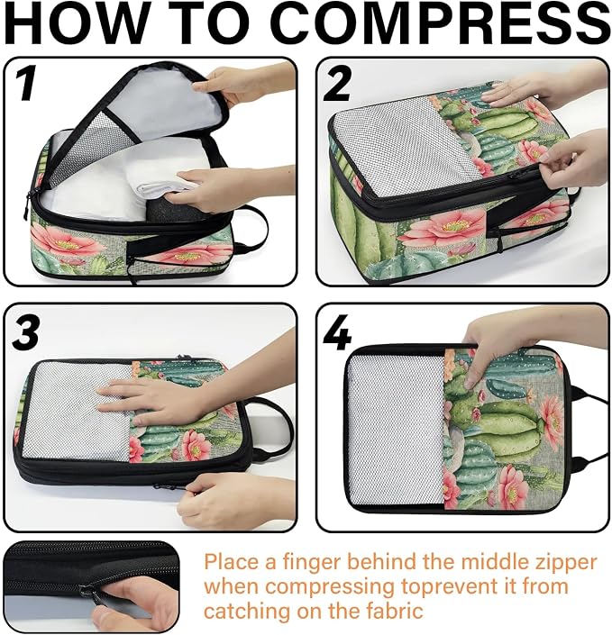 Tropical Cactus Succulent Compressible Packing Cubes for Suitcase 6 Set Lightweight Expandable Compression Packing Travel Luggage Organizer - Image 4