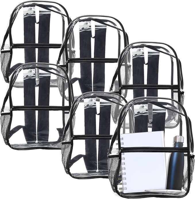 DISCOUNT PROMOS Clear PVC Plastic Backpacks Set of 6, Bulk Pack - Water Resistant, Perfect for Travel, Outdoor - Clear Black by DISCOUNTPROMOS