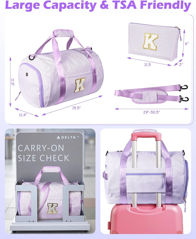 Gift for 4 Year Old Girl, Girls Travel Duffle Bag, Kids Initial Overnight Duffel Bags with Shoe Compartment, Personalized Dance Bag with Cosmetic Pouch, Preppy Stuff (Letter C) - Image 4