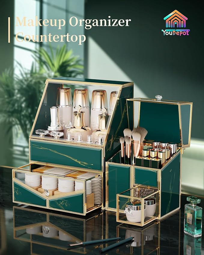 Youdepot Glass Makeup Organizer | Large, Cosmetic Display Case, Skincare Storage, For Vanity and Bathroom Countertop - Image 2