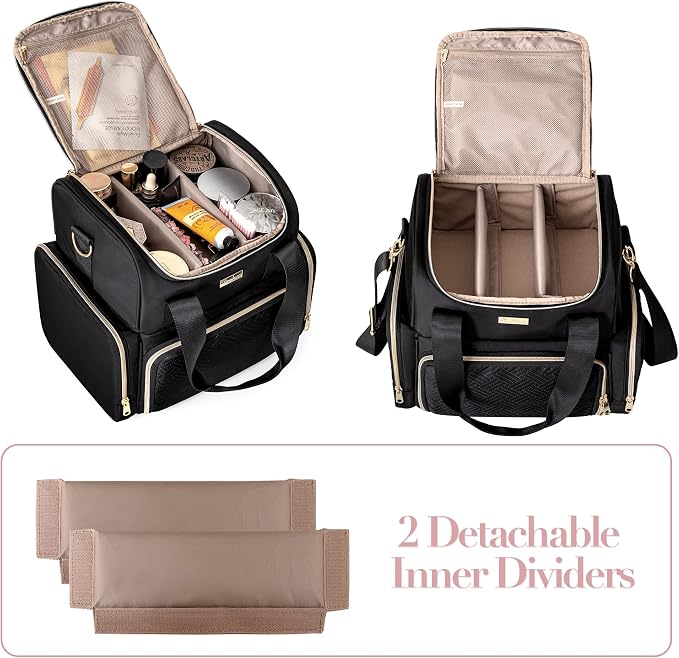 Large Cosmetic Bag, Double Layer Travel Makeup Organizer, Black | Makeup Bag with 3 Removable Cases, Inner Dividers & Brushes Storage Pockets, Cosmetic Storage Case Fits Beauty Essentials - Image 3