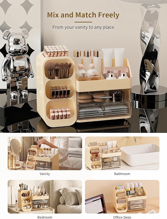 Booklov Large Makeup Organizer for Vanity and Bathroom Countertop, Cream | Clear Acrylic Cosmetic Display Case, Beauty Brush Holder for Dresser Counter Skincare Eyeshadow Lipstick Perfume Storage - Image 8