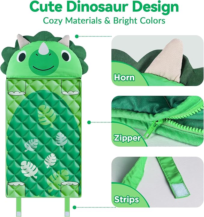 iPlay, iLearn Kid Sleeping Bag, Dinosaur Slumber Sack, Toddler Boy Nap Mat | 2 in 1 Green Dinos Cushion Pillow Blanket, Happy Travel Sleepover Daycare Preschool Birthday Gift for 3 4 5 6 Years Old Child - Image 4