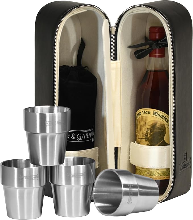 POUR & GARNISH Bourbon, Whiskey & Wine Double Bottle Travel Bag – Vegan Leather Spirits Carrier with 4 Stainless Steel Insulated Glasses & Gift Pouch – Luxury Barware Gift - Image 5