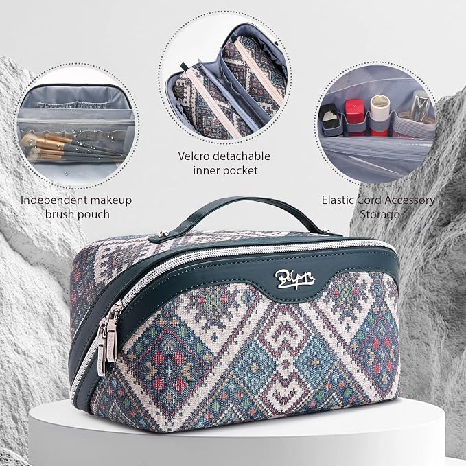 BOYATU Travel Makeup Bag Organizer: Boho Large Capacity Cosmetic Bag Sets | 3Pcs Waterproof Leather Toiletry Bags | 180°Open Flat Make up Case with Compartments | Western Travel Essentials for Women - Image 4