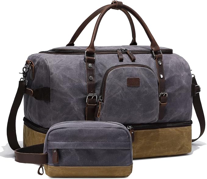 Nerlion Weekender Bag with Shoe Compartment Large Overnight Bag for Men Canvas Genuine Leather Carry on Luggage Bag Travel Duffel Bag(Gray) by Nerlion