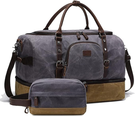 Nerlion Weekender Bag with Shoe Compartment Large Overnight Bag for Men Canvas Genuine Leather Carry on Luggage Bag Travel Duffel Bag(Gray) by Nerlion