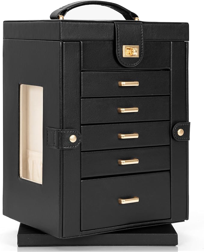 AKOZLIN 6-Tier Jewelry Box Organizer Functional 5 Drawers Leather Jewelry Storage Case for Women Girls Ring Necklace Earring Bracelet Holder Organizer with Mirror Black 360° Rotating - Image 7