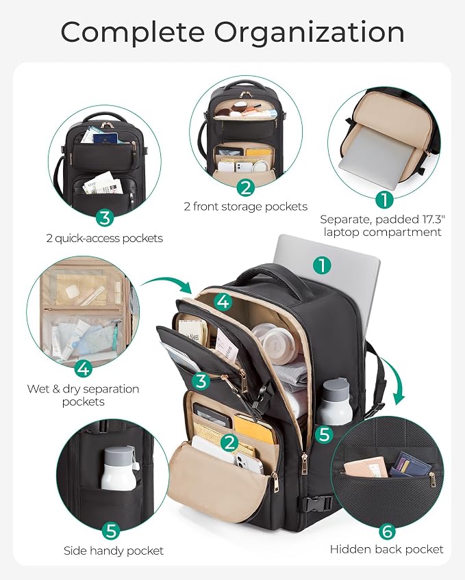 BAGSMART Womens Backpack Carry On Flight Approved, Travel Backpack for Women with Waist Bag,Traveling Lightweight Weekender Casual Daypack 17.3" Laptop Work Back pack Personal Item Bag,Champagne - Image 2
