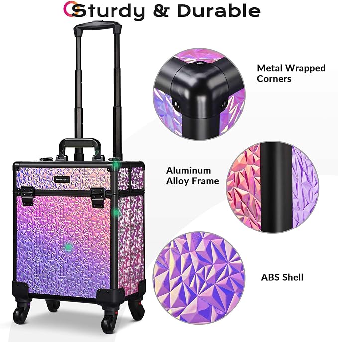 BYOOTIQUE Rolling Makeup Case Cosmetology case on wheels Makeup Artist Nail | Aluminum Rolling Makeup Suitcase with 360° Detachable Wheel Lockable 44Lb Large Capacity Organizer Nail Tech Mermaid Pink - Image 5