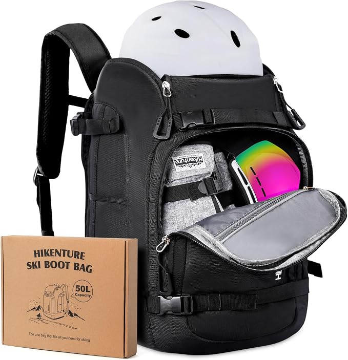 Hikenture Ski Boot Bag Backpack, 50L Padded Ski Bag & Snowboard Boot Bag with Drain Holes, Large Capacity Water-Resistant Ski Travel Bag for Ski Boots, Helmet, Goggles, Clothes, Gloves, Snowboard Gear by HIKENTUREOUTDOOR