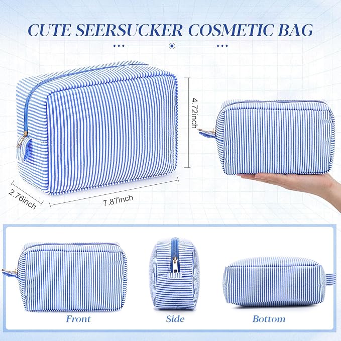 Sanwuta 10 Pcs Seersucker Cosmetic Bag Seersucker Makeup Bag Women Stripe Large Travel Toiletry Organizer Preppy Storage Pouch for Embroidery Wedding Bridesmaid Bride Mom (Navy Blue) - Image 2