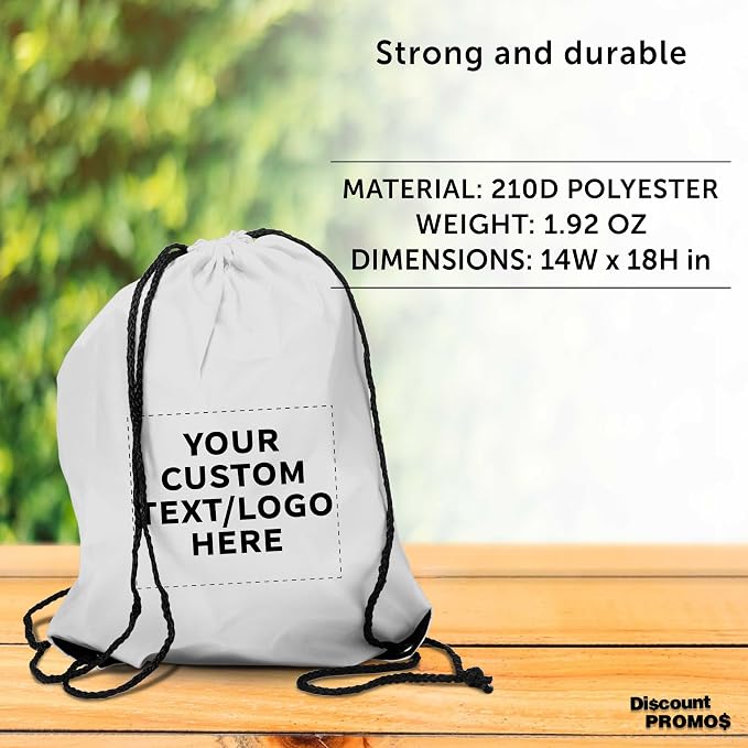 DISCOUNT PROMOS Custom Black Trim Drawstring Backpacks Set of 10/50/100, Personalized Bulk Pack - Gym Bag, Soccer Shoes, Water Resistant - White - Image 4