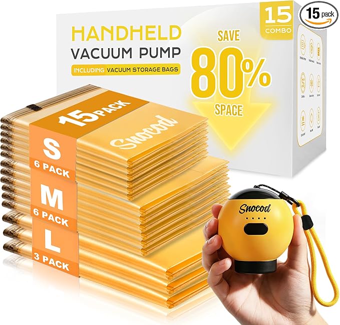 Travel Vacuum Bags with Pump, 15 Pack Vacuum Storage Bags for Clothing, Brushless Motor Type-C Rechargeable Pump, Compression Packing Bags for Travel, Suitcase, Closet and Home Storage, Yellow by SNOCOD