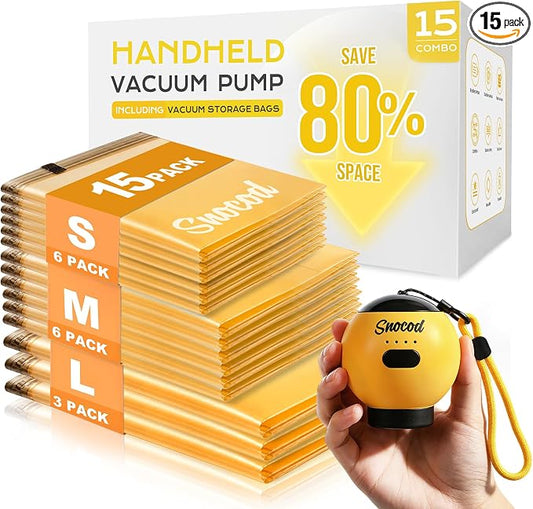 Travel Vacuum Bags with Pump, 15 Pack Vacuum Storage Bags for Clothing, Brushless Motor Type-C Rechargeable Pump, Compression Packing Bags for Travel, Suitcase, Closet and Home Storage, Yellow by SNOCOD