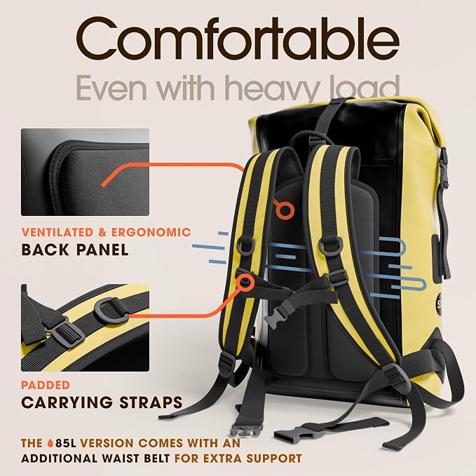 Earth Pak Waterproof Backpack - Heavy Duty Roll-Top Closure with Easy Access Front-Zippered Pocket and Cushioned Padded Back Panel for Comfort with IPX8 Waterproof Phone Case, Yellow, 85L, Messenger - Image 7