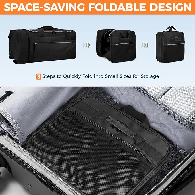 Uarition 70L Foldable Rolling Duffle Bag with Wheels, 28” Large Duffle Bag for Travel, Carry On Luggage Duffel Bag for Traveling/Camping/Moving, Water Resistant, Black - Image 4