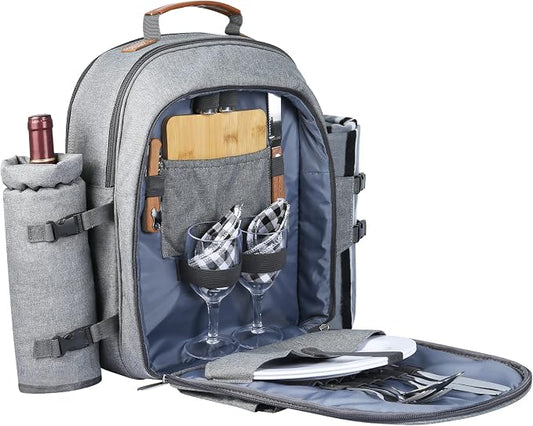 Sunflora Insulated Picnic Backpack for 2 Person Bag with Cooler Compartment, Wine Pouch, Blanket and Stainless Steel Cutlery Set for Couple, Lovers and Friends (Grey) by Sunflora