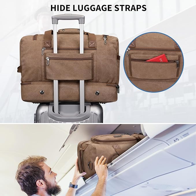 WITZMAN Duffle Bag for Men 50L Travel Canvas Weekender with Toiletry Bag | With Shoe Compartment and Dry-wet Pocket, Convertible, Carry On, One Duffel for Gym, Sports, Overnight, A8010/2 Brown - Image 7